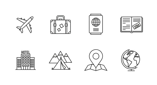 Set of travel icons simple line vector design elements for vacation planning isolated on white background