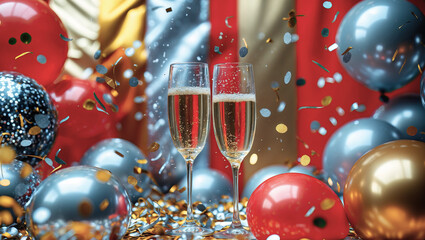 Champagne Glasses with Balloons and Confetti in a Festive Celebration