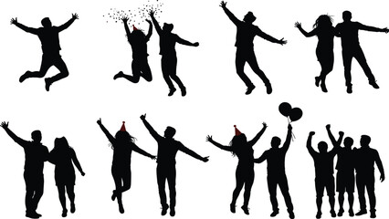 Silhouettes of joyful people celebrating with balloons, confetti, and party hats—ideal for festive, event, and happiness-themed vector designs