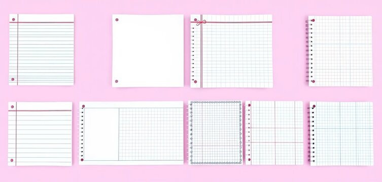 Set of squared paper templates with various linear, cross, dotted, and grid patterns for school notebooks, isolated, template