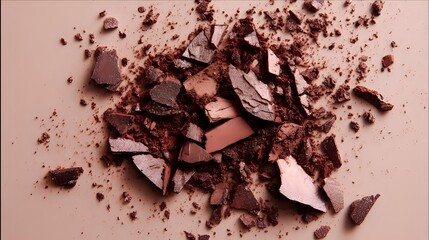 Broken dark chocolate pieces and crumbs scattered on light pink background, creating rich contrast for food photography or dessert recipes.