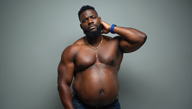 Muscular black man with prominent belly, blue smartwatch, gold chain. Posing against grey backdrop, looking thoughtful, conveying complex body image, wellness themes. Health, self acceptance story.