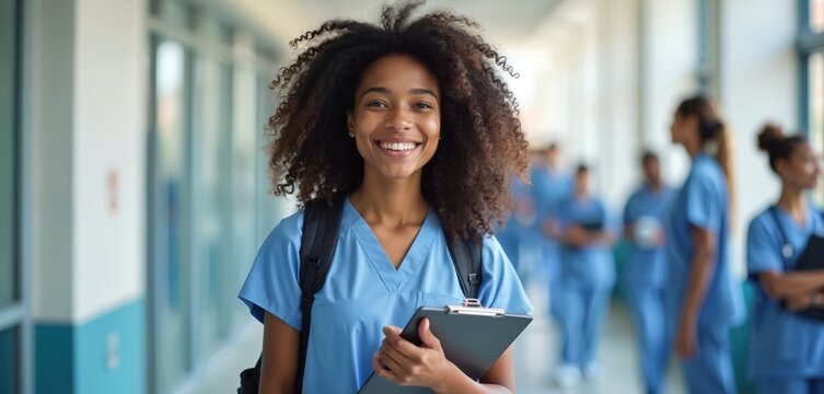 Young African American woman smiles, wearing blue scrubs, backpack. Holds clipboard, walking in bright university hall. Blurred medical students around. Looks confident, ready for med future.