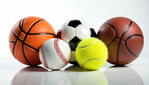 Assortment of various sports balls on white reflective background. Collection includes basketballs soccer ball baseball, tennis ball. Set of equipment represents team games athletic competition - Powered by Adobe