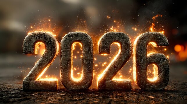 Glowing 2026 numbers with fiery sparks and embers on dark textured surface, creating dramatic futuristic atmosphere for calendar or event promotion.