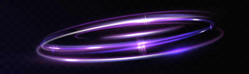Abstract light speed lines and neon rings with glowing circles in motion on black background. Blue, red, and purple light effects creating sense of speed and energy. © vikusandra