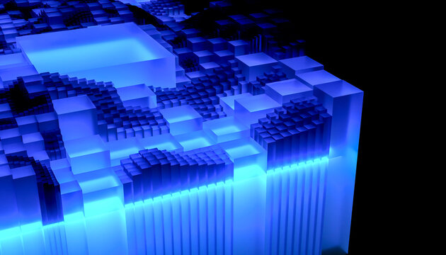 Blue glowing futuristic cubes forming an abstract landscape