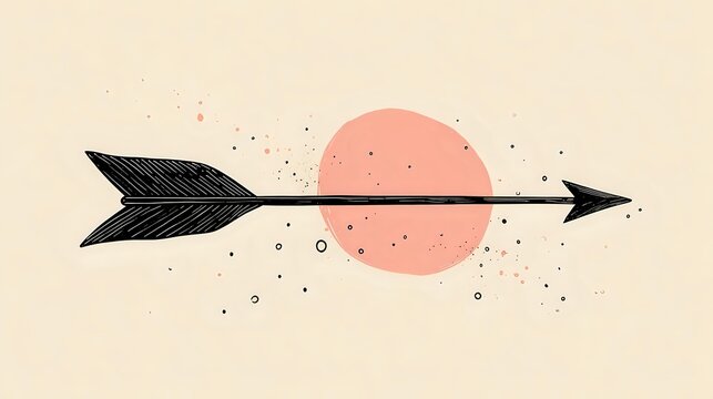 Black tribal arrow with feather details pointing horizontally across pink circle on beige textured background with scattered dots, minimalist boho style design.