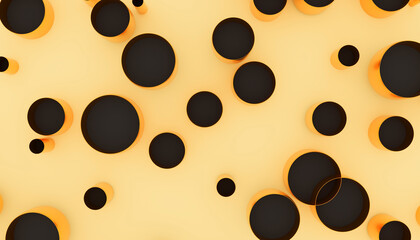 Golden cylinders and circles creating an abstract pattern on a yellow background