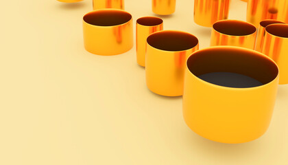 Golden cylinders creating a diagonal pattern on a yellow background
