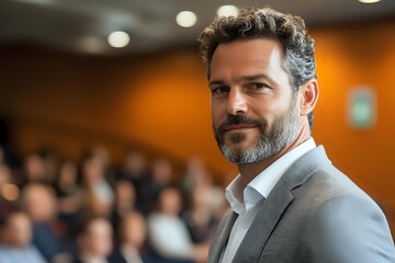 Confident middle-aged Caucasian businessman with salt and pepper beard smiling at conference, audience in background, professional setting.