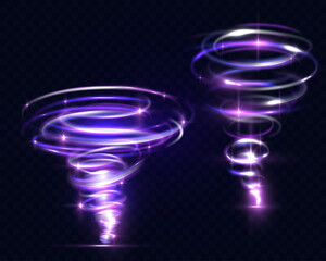 Magic glowing spiral light vortex tornado with sparkles and energy swirl on transparent background