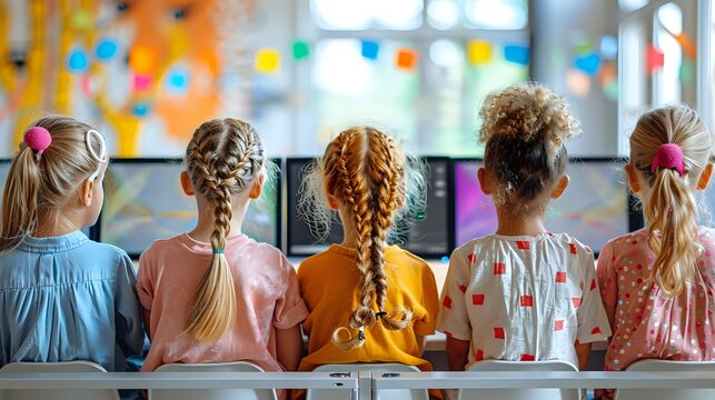Five young girls with diverse hairstyles sitting in row at classroom, back view. Colorful decorations and window light create cheerful learning environment.