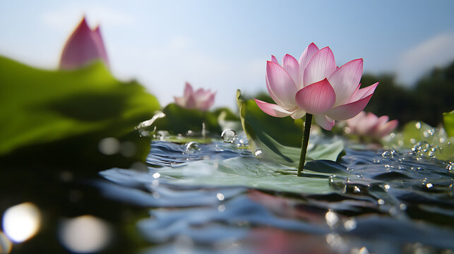 Experience serene beauty with a lotus flower gracefully floating on water. The pink petals against the blue sky create a peaceful, natural scene. #LotusBeauty