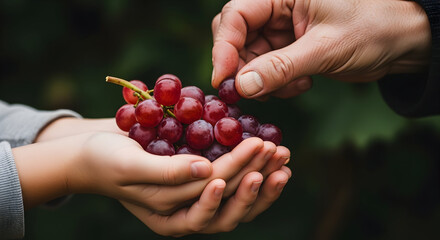 Hands of a Child and an Adult Gently Exchanging Fresh Red Grapes in a Lush Vineyard During Harvest Season