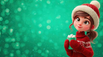 Cheerful Girl in a Festive Sweater Holds a Cup of Hot Chocolate With Marshmallows Against a Sparkling Green Background
