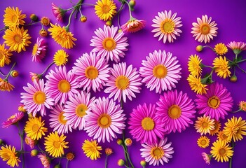 Fototapeta premium Vibrant spring chrysanthemums scattered on a violet background, ample copy space, floral, Easter