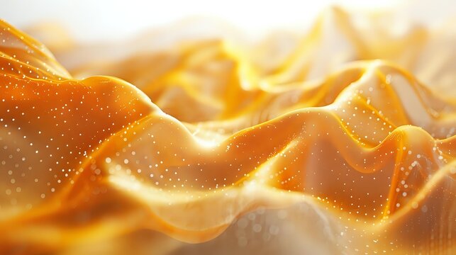 Glowing golden waves with sparkling particles create dynamic abstract background with soft flowing curves and light effects for luxury designs.