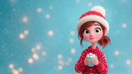 Cheerful Girl in Red Sweater Holding a Hot Drink Against a Snowy Blue Background