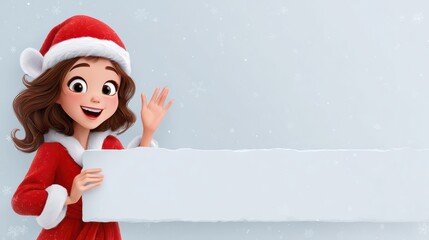Cheerful Child in a Santa Outfit Waves While Holding a Blank Sign Against a Snowy Background