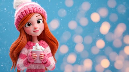 Girl With Red Hair Holding Hot Cocoa in a Cozy Winter Scene With Soft Bokeh Lights