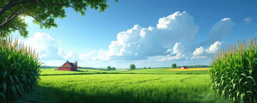 Rural farm landscape with red barn in green crop field. Summer day in countryside with bright sun, blue sky. Corn plants grow in rich farmland, scenic nature view of midwest agriculture, growing food.
