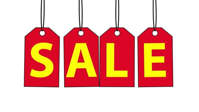 Animation of red sale tags with bold yellow letters hanging on strings, viewed from a front angle. Retail, discount, promotion, and marketing concept on white background.