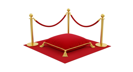Red velvet pillow on display with gold stanchions and ropes for exclusive event