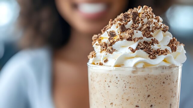 Creamy coffee milkshake topped with whipped cream and chocolate crumble, with smiling African American woman blurred in background. - Powered by Adobe
