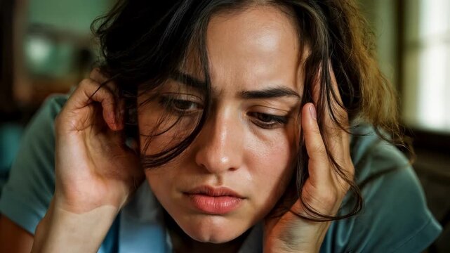 Female PTSD concept: traumatized woman in emotional stress with disheveled hair, presses hands to face
