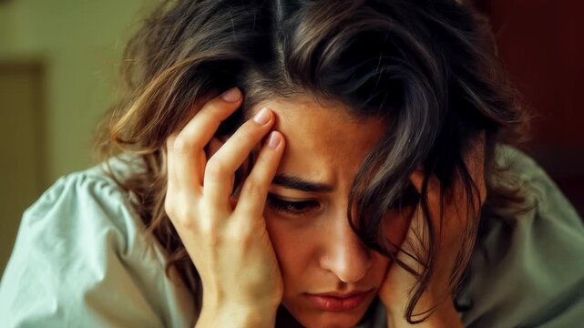 Female PTSD concept: traumatized woman in emotional stress with disheveled hair, presses hands to face