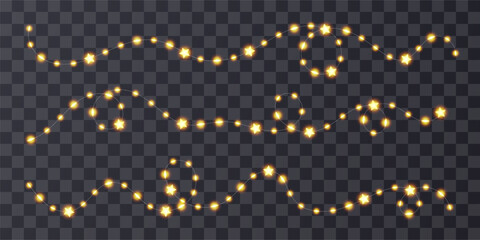 Star light string, fairy bulb garland. 3d warm lamp, isolated noel element. Bokeh wedding decoration, xmas festive wire line. Night carnival party golden border, holiday home decor. Lantern ribbon