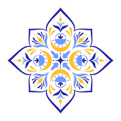 Mediterranean blue yellow floral motif on white background. Mosaic design for ceramic tile. Traditional ethnic Portuguese, Italian, Moroccan, and Spanish ornament. Vector illustration