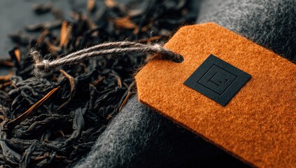 Close-up of a Tea Tag with Dark Tea Leaves.