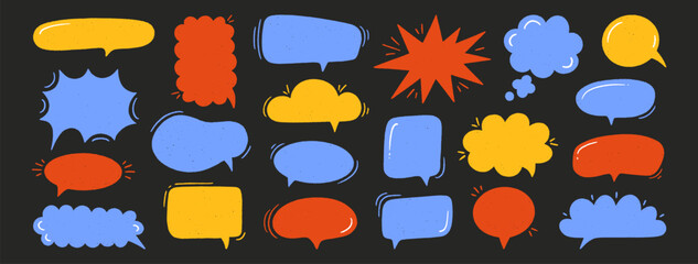 Crayon speech bubbles set. Chat talk boxes. Chalk colorful frames. Kid doodle style. Dialogue balloon silhouette cloud. Pencil drawing, thought elements, black background. Vector illustration
