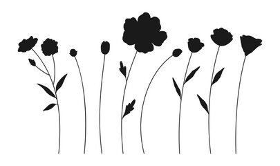 Set of wildflower and bud silhouettes, black color, white background. Hand-drawn various flowers and leaves. Wild plants for design projects. Vector illustration