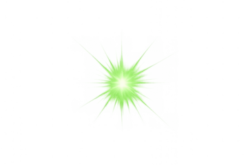 Green light glowing with starburst effect, bright lens flare, shining light source on transparent background