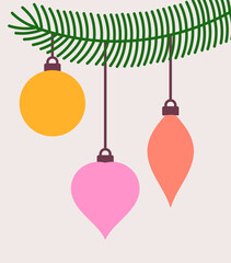 Christmas fir with hanging balls ornaments. Holiday greeting card background. Vector illustration.
