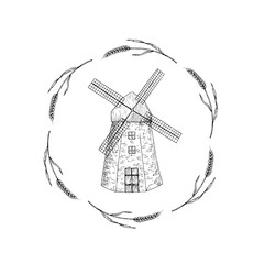 Vector arrangement with windmill, fabric canvas bag for food or delivery. Graphic ink bag with flour, ear of wheat, grain illustration isolated on background. Hand drawn line sketch. For designers, pr