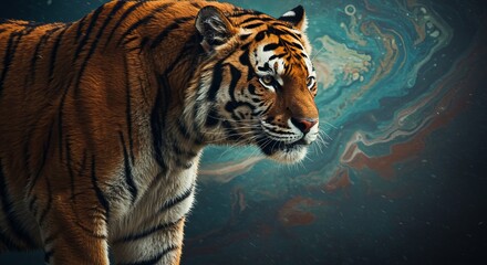 Naklejka premium Epic Artistic Illustration of a Majestic Tiger Cinematic Wildlife Adventure with Futuristic Abstract Background Design.