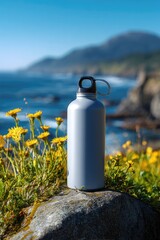 Gray Water Bottle on Rocks by the Ocean.