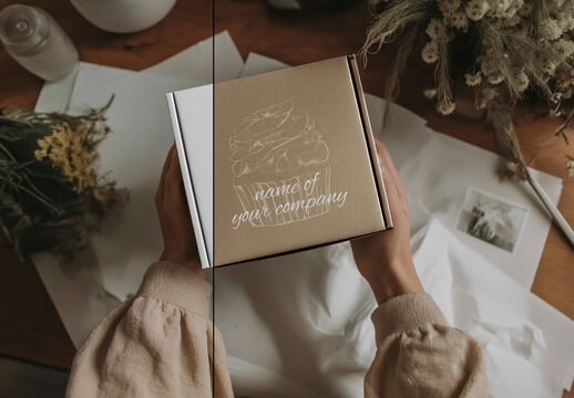 Square Packaging Box Mockup in Hands