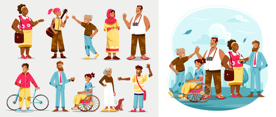 Fototapeta premium Set of cartoon characters showing generational diversity illustration