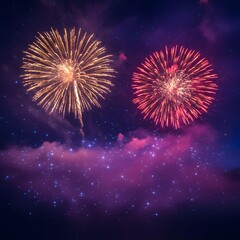 Colorful fireworks bursting in night sky with golden and red hues above purple clouds and sparkling stars