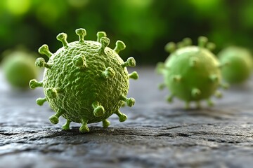 Green virus cell with protein spikes on textured surface, microscopic view of pathogen against blurred background for medical education.