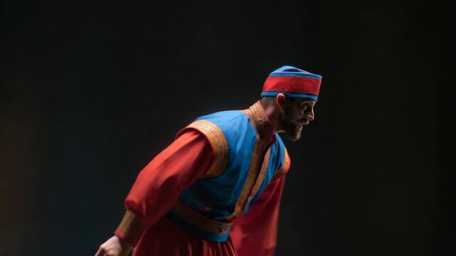 Energetic Cossack man performing powerful traditional squat kick folk dance mid-leap in vibrant costume symbolizing strength, culture, and national pride.