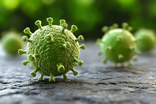 Green virus cell with protein spikes on textured surface, microscopic view of pathogen against blurred background for medical education. - Powered by Adobe