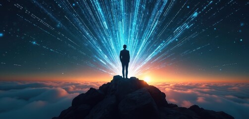 Man silhouette stands on mountain peak in digital data streams. Concept includes success, technology, leadership. Person looks at future global innovation against horizon over cloudy valley on sunset