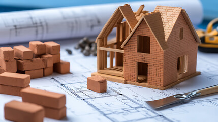 Home under construction with bricks and blueprint representing architecture, design and the building process, symbolizing planning and craftsmanship. Project in progress.