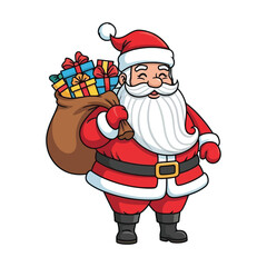 Cheerful Santa Claus with sack overflowing with colorful gifts brings holiday magic and Christmas joy